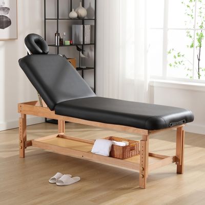 FUQIAOTEC Stationary Massage Table, Professional Wide Massage Table Wood Spa Bed with PU Leather and Memory Foam Layer, Adjustable Height and Backrest Angle, 500LBS, Heavy Duty, Black