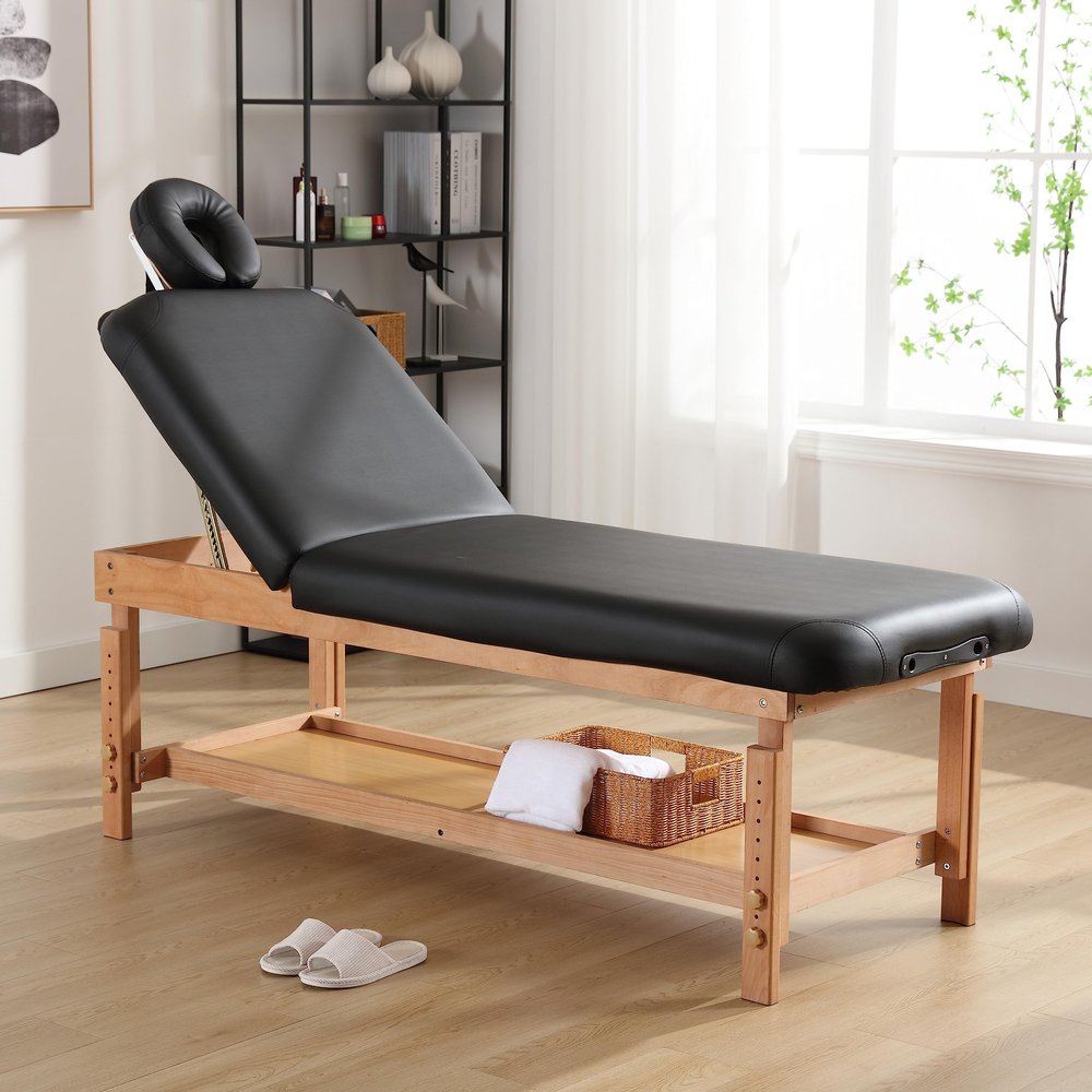 FUQIAOTEC Stationary Massage Table, Professional Wide Massage Table Wood Spa Bed with PU Leather and Memory Foam Layer, Adjustable Height and Backrest Angle, 500LBS, Heavy Duty, Black