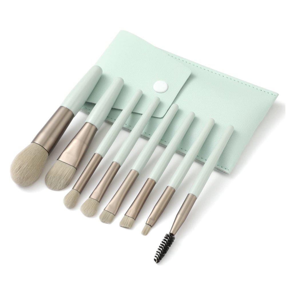 Liasun Travel Makeup Brush Set 8PCS Mini Size Premium Synthetic Fiber Foundation Blush Concealer Eyebrows Eye Shadow Angled brush Lip Make up Brush With Storage Bag (Light Cyan)