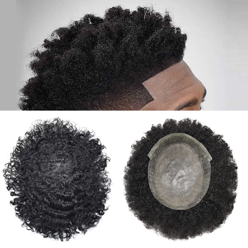 Afro Men Toupee 100% Virgin Human Man Weave Hair Unit Afro Kinky Curly Lace Center with Pu Injection Around Hair Units for Black Men 8X10 Inch (10MM Wave, 1B# OFF BLACK)