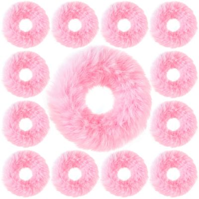 OIIKI Pink Fuzzy Hair Scrunchies, 14pcs Furry Hair Scrunchies Furry Hair Bands with Faux Rabbit Fur, Elastic Hair Tie Ponytail Holders for Girls Women Hair Accessories