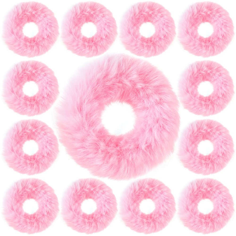 OIIKI Pink Fuzzy Hair Scrunchies, 14pcs Furry Hair Scrunchies Furry Hair Bands with Faux Rabbit Fur, Elastic Hair Tie Ponytail Holders for Girls Women Hair Accessories