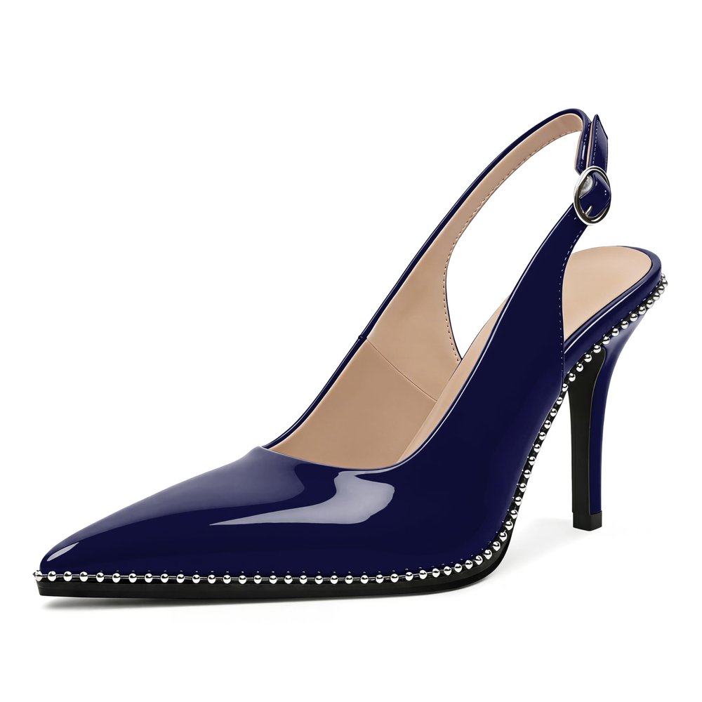 Zamikoo Women Slingback Pumps Pointed Toe Slip On High Heel Stilettos 9cm Ankle Strap Buckle Trendy Sliver Beads Classic Dress Shoes for Event Party Navy Patent Leather US Size 8