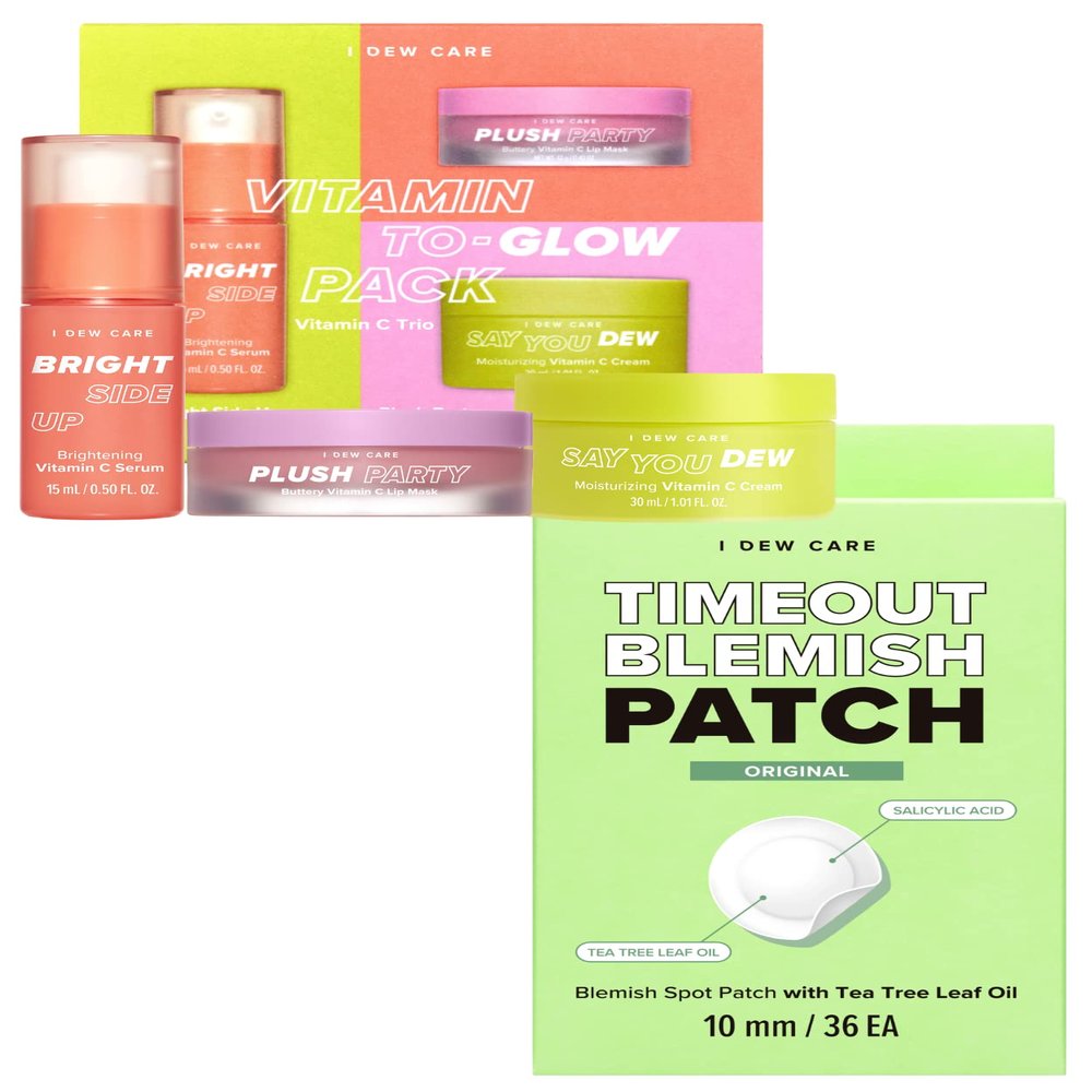 I DEW CARE Hydrocolloid Acne Pimple Patch - Timeout Blemish Original | 36 Count (10mm) + Skincare Set - Vitamin To Glow Pack Bundle