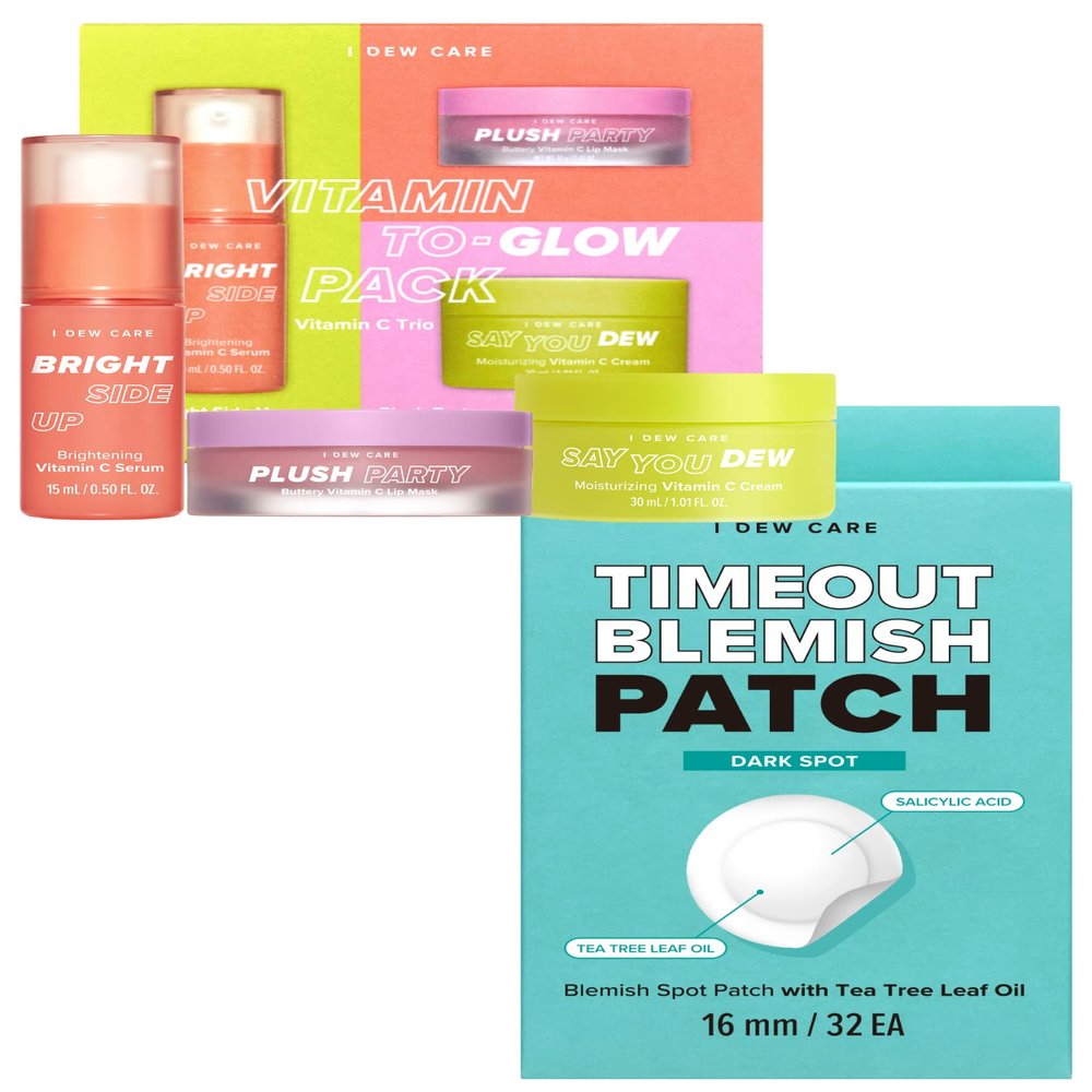 I DEW CARE Hydrocolloid Acne Pimple Patch - Timeout Blemish Dark Spot | 32 Count + Skincare Set - Vitamin To Glow Pack Bundle