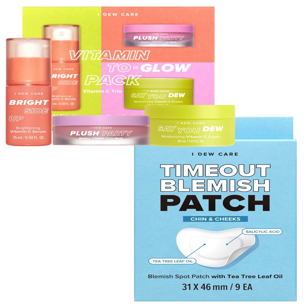 I DEW CARE Hydrocolloid Acne Pimple Patch - Timeout Blemish Chin & Cheeks | 9 Count + Skincare Set - Vitamin To Glow Pack Bundle