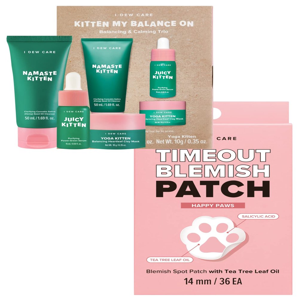 I DEW CARE Hydrocolloid Acne Pimple Patch - Timeout Blemish Happy Paws | 36 Count + Skin Care Set - Kitten My Balance On Bundle