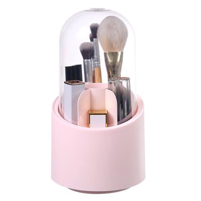 GBSTORE Makeup Brushes Holder Organizer with Clear Lid,360 Degree Rotating Makeup Brush Storage Container Dustfree Cosmetic Display Case Holder for Bathroom Countertop Vanity Desktop (Pink)