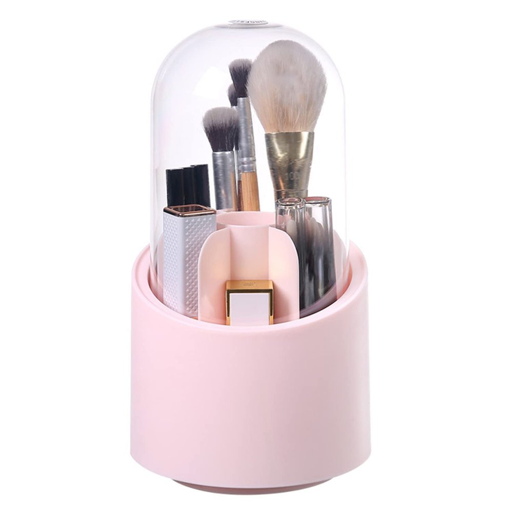 GBSTORE Makeup Brushes Holder Organizer with Clear Lid,360 Degree Rotating Makeup Brush Storage Container Dustfree Cosmetic Display Case Holder for Bathroom Countertop Vanity Desktop (Pink)