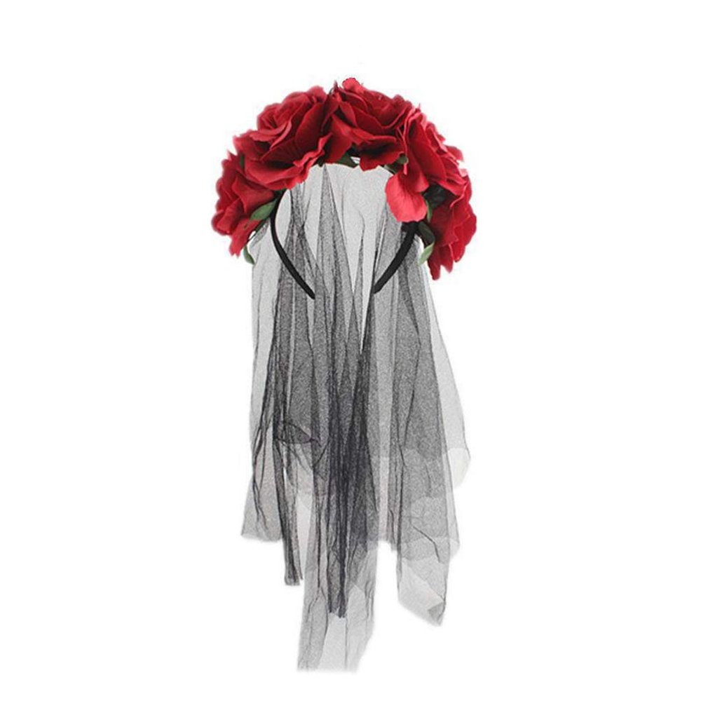 Lurrose Day of The Dead Rose Flower Headband Halloween Veil Hair Band Rose Flower Crown for Carnival Cosplay Party, Red