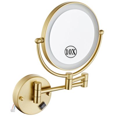 KEYQEEN LED Makeup Mirror with Lights, Double Sided 1X/10X Magnifying Mirror, Brushed Gold Hardwired Wall Mounted 360 Swivel Extendable Vanity Mirror