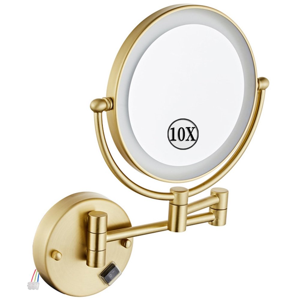 KEYQEEN LED Makeup Mirror with Lights, Double Sided 1X/10X Magnifying Mirror, Brushed Gold Hardwired Wall Mounted 360 Swivel Extendable Vanity Mirror