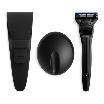 Bolin Webb Handle with Razor Stand and Waterproof Travel Case in Red. Fitted with Gillette Fusion5 Blade Cartridge. Made in England. Style is X1 (BLACK)
