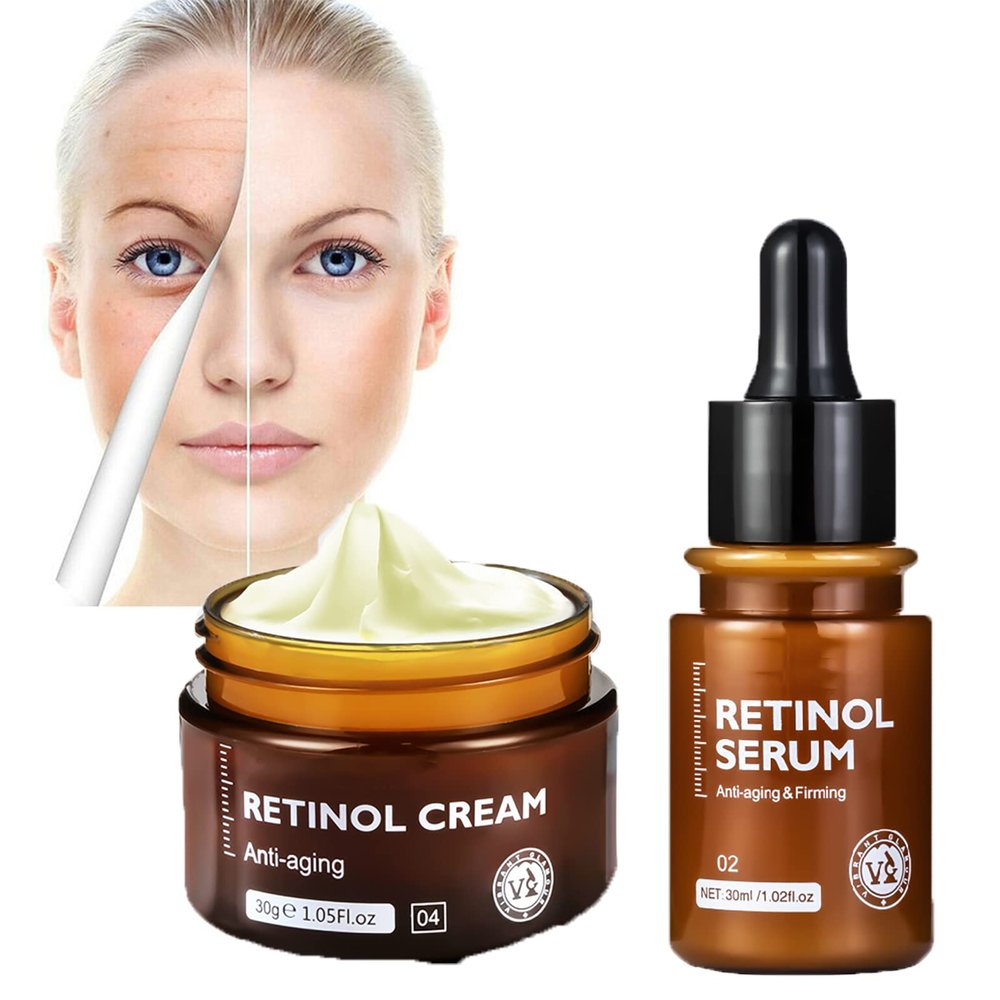2PCS Retinol Anti Aging Cream And Essence, Retinol Complex Face Serum, Retinol Anti Aging Face Cream, Brightening Serum Targets Dark Spots, Wrinkles & Fine Lines (Cream+Serum)