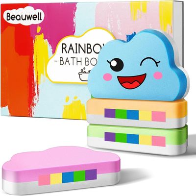 Rainbow Bath Bombs for Kids, Handmade 4 Pcs Kid Bath Bombs Gift Set, Christmas Stocking Stuffers for Kids Christmas Gifts for Girls Women Bubble Bath