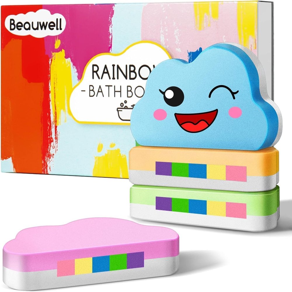 Rainbow Bath Bombs for Kids, Handmade 4 Pcs Kid Bath Bombs Gift Set, Christmas Stocking Stuffers for Kids Christmas Gifts for Girls Women Bubble Bath