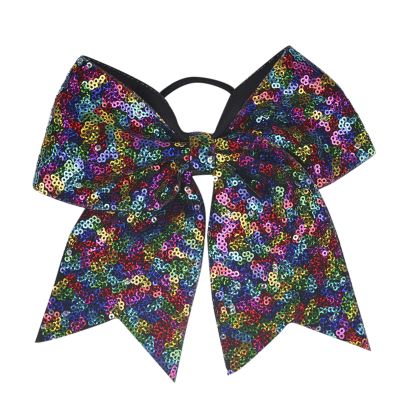Xansema Women Girls Kids Teens Sequins Hair Bows Elastic Hair Tie Ribbon Large Cheer Bow Ponytail Holder Hair Band (Black Colorful)
