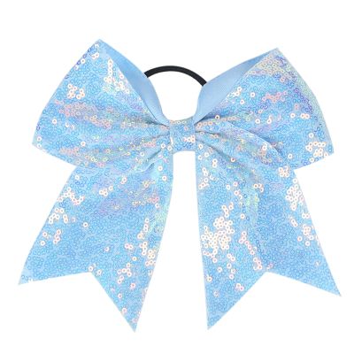 Xansema Women Girls Kids Teens Sequins Hair Bows Elastic Hair Tie Ribbon Large Cheer Bow Ponytail Holder Hair Band (Light Blue)
