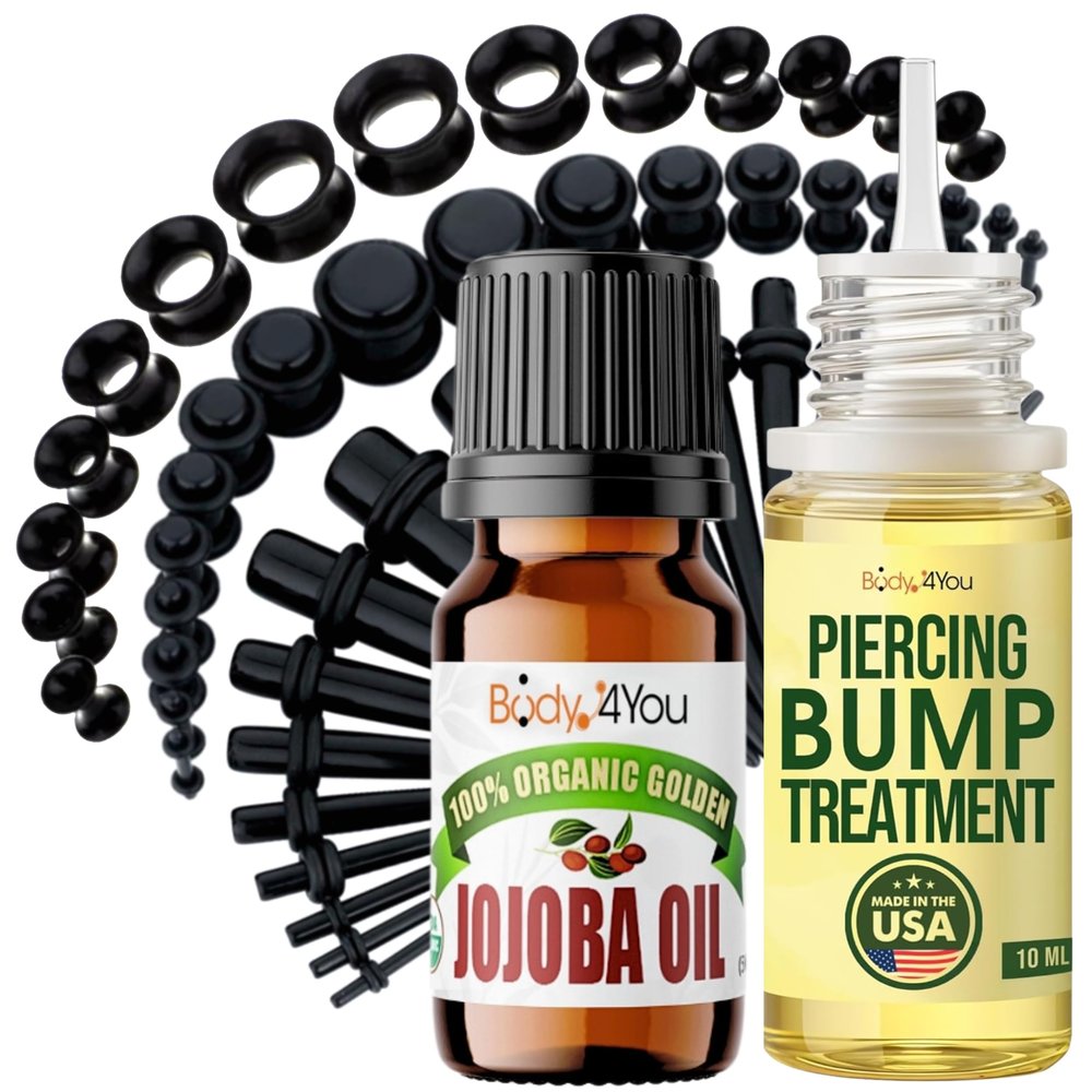 BodyJ4You 55PC Gauges Kit 14G-12mm - Aftercare Jojoba Oil, Bump Keloid Treatment Drops - Black