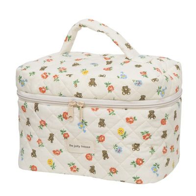 Donloise Kawaii Makeup Bag Cosmetic Case Cute Floral Storage Organizer with Handle Aesthetic Cartoon Zipper Toiletry Bag (Large)