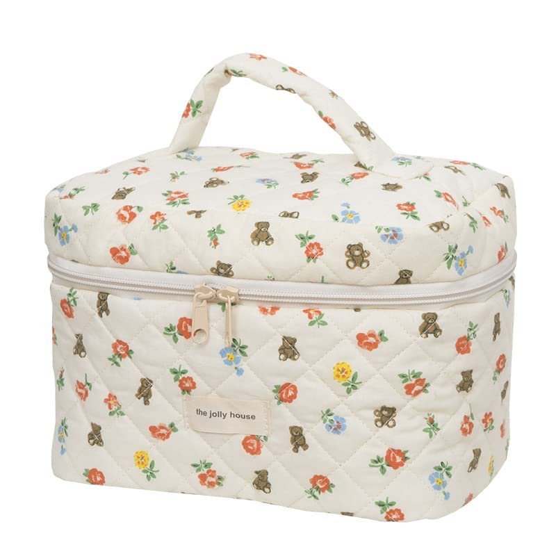 Donloise Kawaii Makeup Bag Cosmetic Case Cute Floral Storage Organizer with Handle Aesthetic Cartoon Zipper Toiletry Bag (Large)