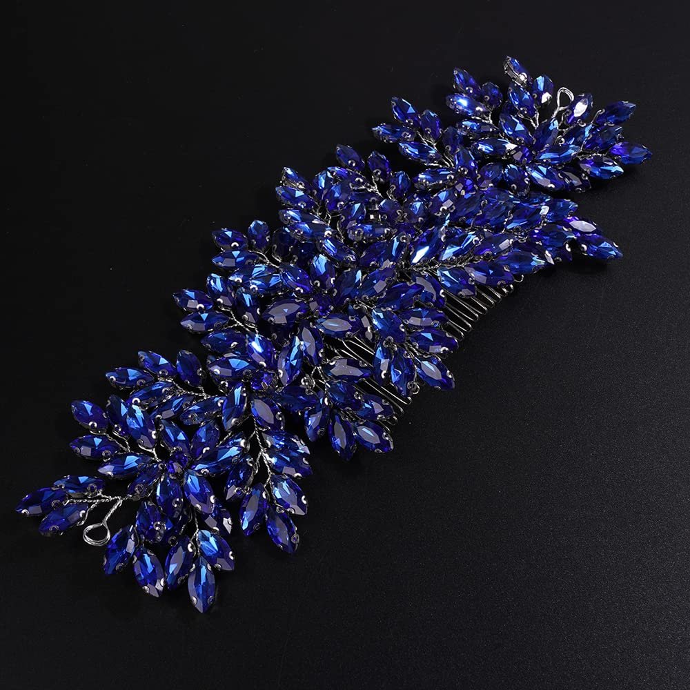 JWICOS Crystal Bride Wedding Hair Comb Hair Clip Flower Wedding Hair Accessories for Women and Girls (Blue)