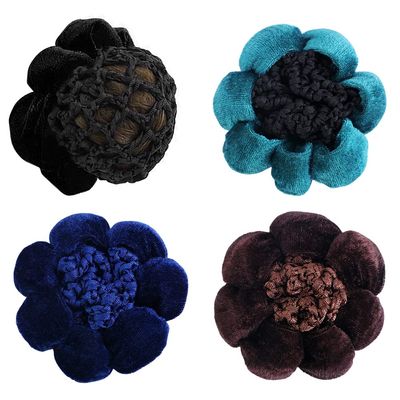 NAIHOD 4 Pcs Hair Snoods in Navy, Teal, Coffee - Fabric & Crocheted Net Hair Accessory for Women & Girls - Includes 4 Stylish Velvet-like Flower Hair Bun Covers for Professional, Neat Hair Bun