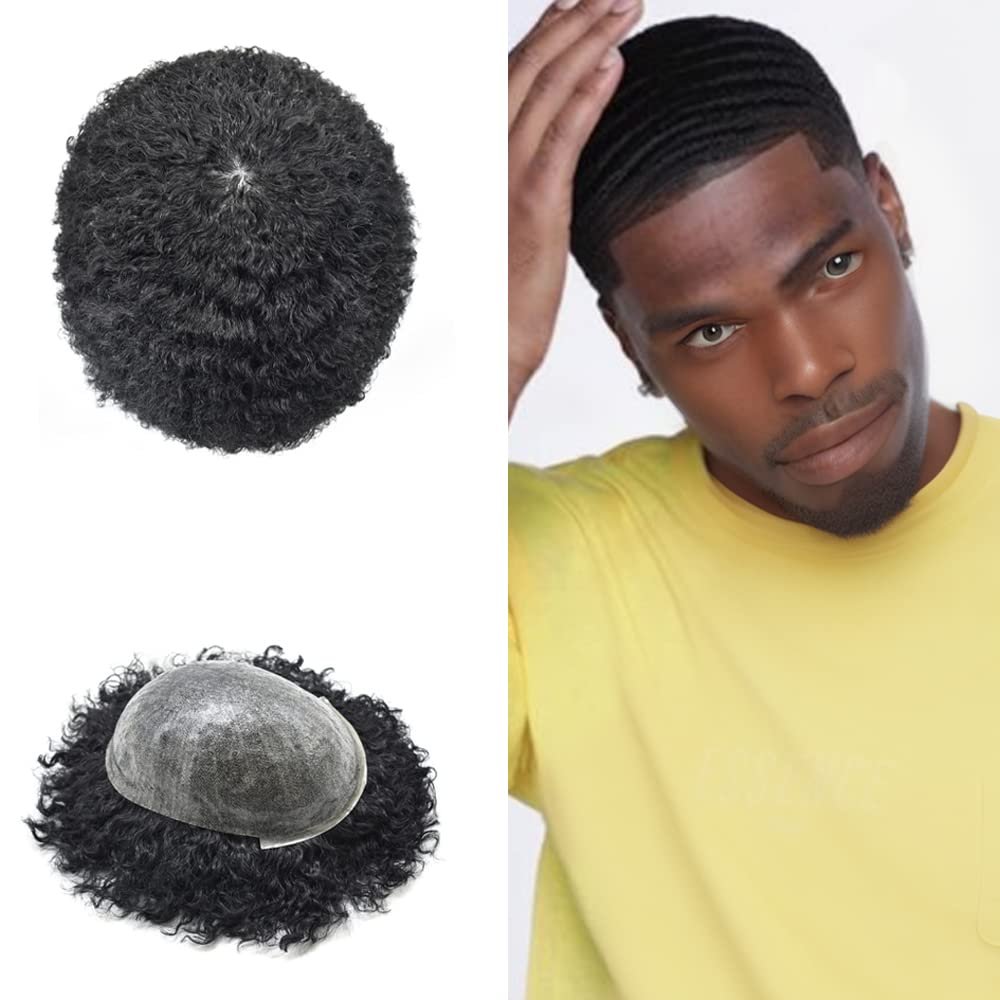 Afro Kinky Curly Toupee For Black Men Hair Replacement System African American Afro Wave Mens Toupee Thin Skin PU Brazilian Hair Units Wigs For Men Prosthesis (6MM Afro Wave, 1B# Off Black)