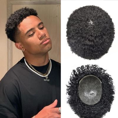 Afro Kinky Curly Toupee For Black Men Hair Replacement System African American Afro Wave Mens Toupee Thin Skin PU Brazilian Hair Units Wigs For Men Prosthesis (8MM Afro Wave, 1B# Off Black)