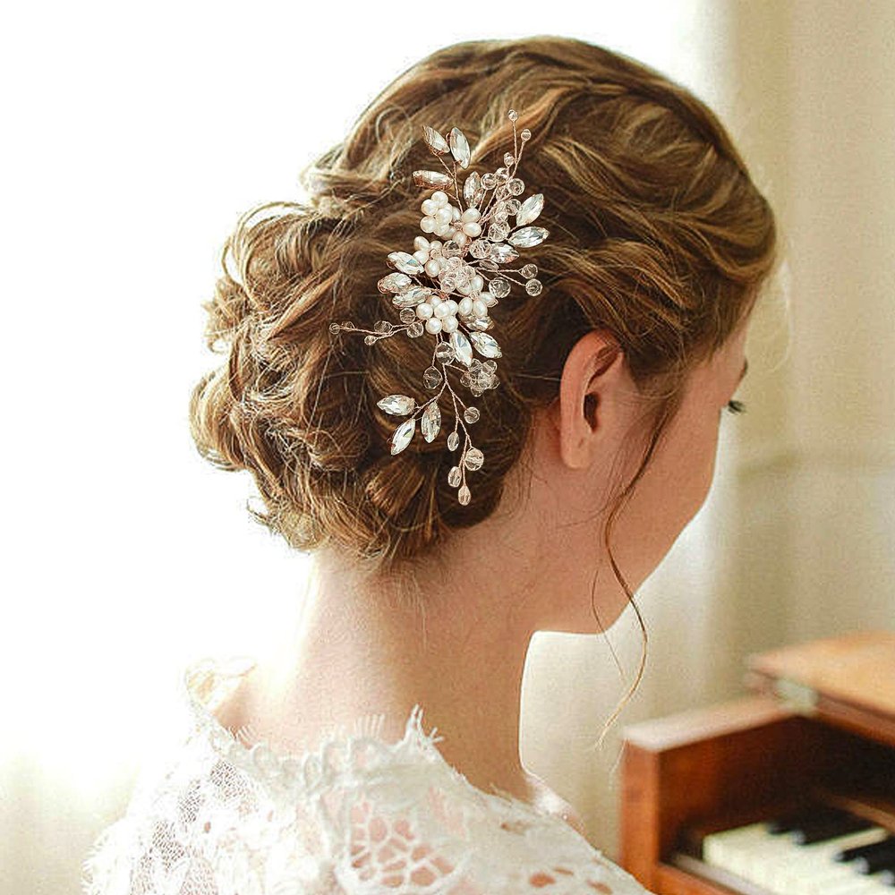 Sooshin Bridal Pearl Hair Comb, Crystal Rhinestone Headpiece for Brides, Bridesmaids and Women (B-rose gold)