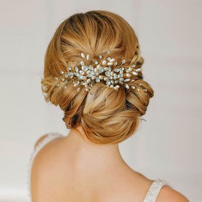 Sooshin Bridal Pearl Hair Comb with Crystal Rhinestone Headpiece for Women, Brides and Bridesmaids (C-gold)