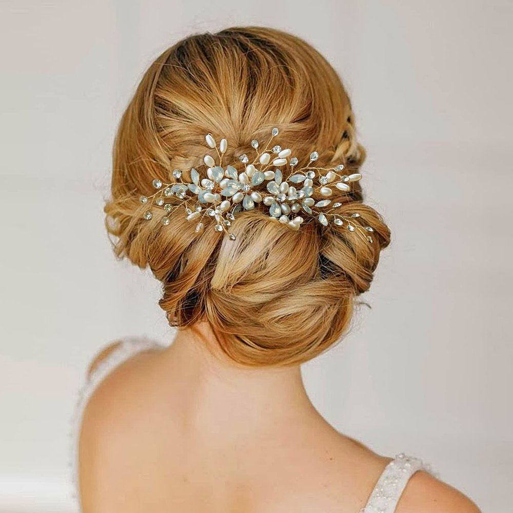 Sooshin Bridal Pearl Hair Comb with Crystal Rhinestone Headpiece for Women, Brides and Bridesmaids (C-gold)