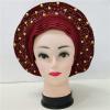 Wine African headtie with Beads auto asoebi gele Headwear Quality African Turban Headwraps by MSB Fabric co.2070 view 2