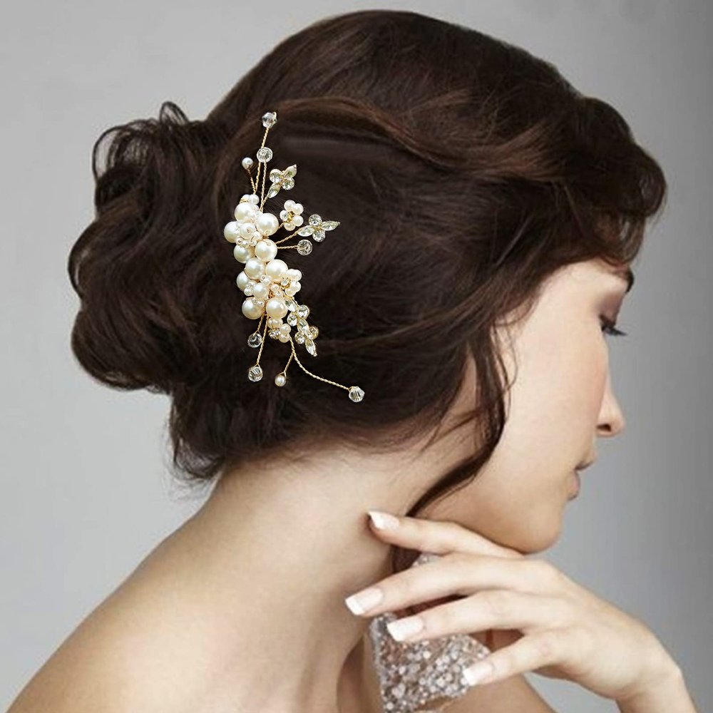 Sooshin Bridal Hair Comb Pearl Wedding Hair Accessories for Brides Crystal Wedding Headpiece for Bride and Bridesmaids Rhinestone Hair Accessory for Women and Girls (D-gold)