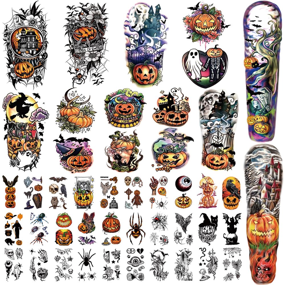 Yazhiji 44 Sheets Halloween Full Arm Temporary Tattoos Pumpkin Witch Sugar Skull Tattoo for Women Men Boys and Girls Zombie Make up Kit, Scar Waterproof Tattoos for Parties