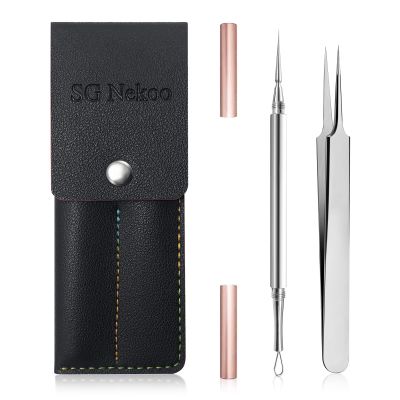 SGNEKOO Milia Remover Whitehead Extractor, Blackhead Tweezers with Angled Loop & Acne Needle Rose Gold in Case,Professional Facial Tool Kit
