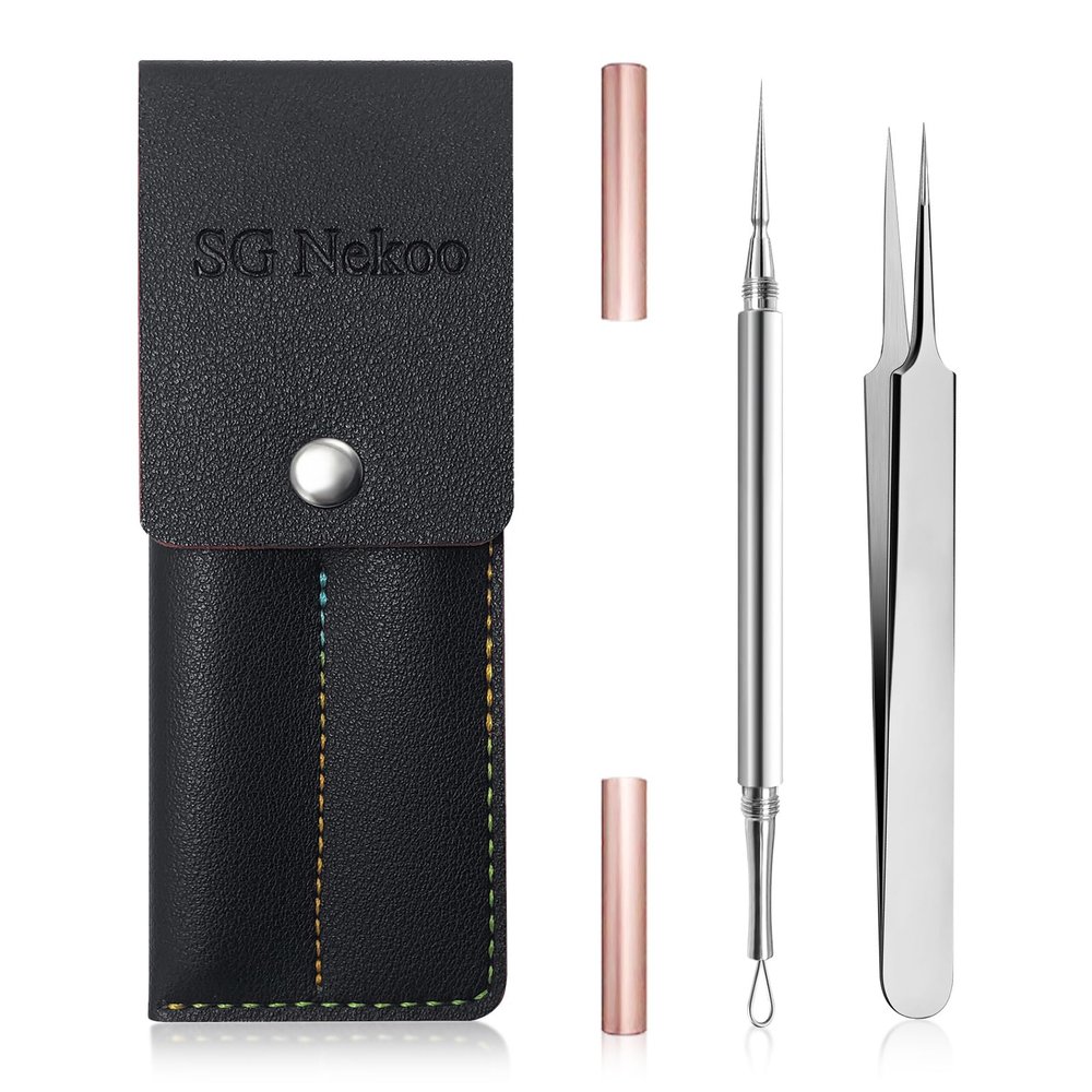 SGNEKOO Milia Remover Whitehead Extractor, Blackhead Tweezers with Angled Loop & Acne Needle Rose Gold in Case,Professional Facial Tool Kit