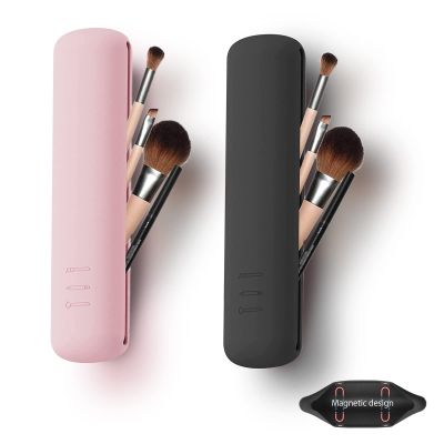 2 Pack Makeup Brush Organizer, Travel Makeup Brush Holder for Travel Size Toiletries, Mini Small Cosmetic Makeup Bag Travel Essentials for Vanity, Soft Sleek Makeup Brush Case Set (Black&Pink)
