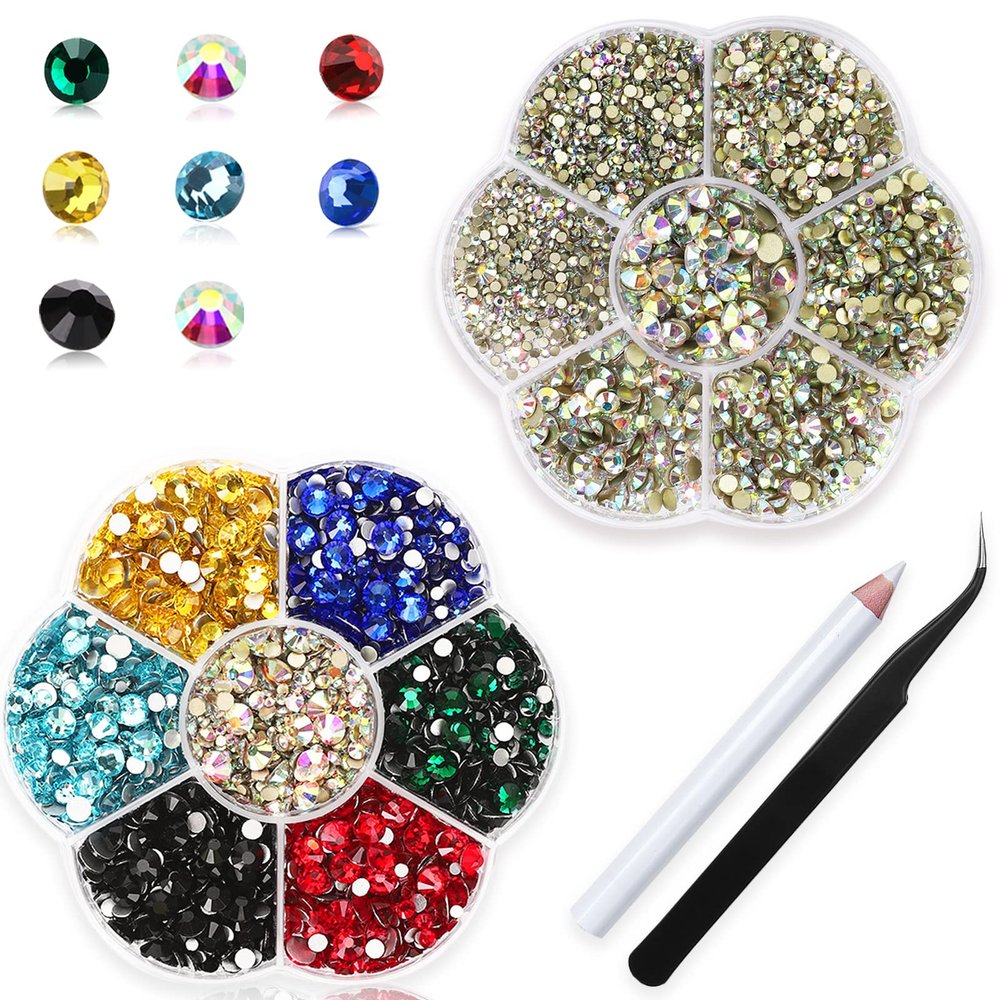 3150Pcs ss4-ss20 Rhinestones,Clear ab Diamond Nails Stone+Colorful Nail Gems,Small Round Flatback Rhinestones for Crafts/Makeup,Aurora Nail Stones Kit with Wax Pen and Tweezer,HINABTRU