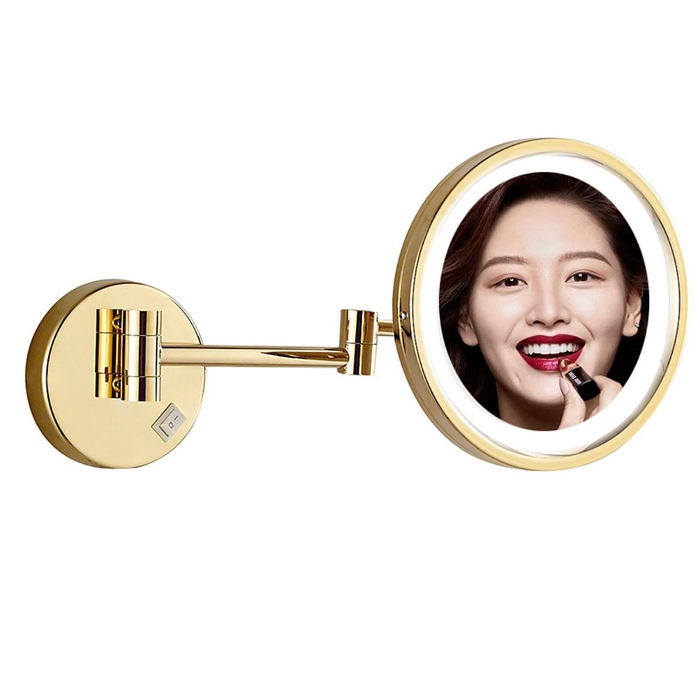 BhjKL 10 Inch Makeup Mirror Wall Mounted 7X Magnifying, 180 Swivel Cosmetic Mirror Dimmable Extend, Retractable Vanity Mirror, Shaving Bathroom Mirror (Gold plugX7)