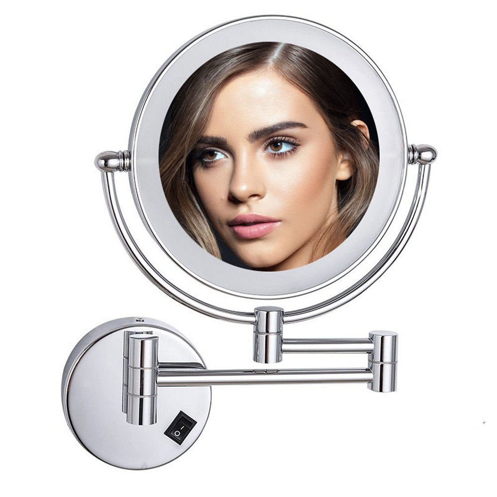 BhjKL Wall Mounted Makeup Mirror 7X Magnification with Lights, Vanity Mirror 360 Extendable 8-Inch Double Sided Swivel Cosmetic Mirror, for Bedroom or Bathroom (Brushed Nickel Hard wireX7)