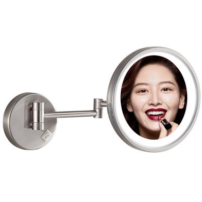 BhjKL 10 Inch Makeup Mirror Wall Mounted 7X Magnifying, 180 Swivel Cosmetic Mirror Dimmable Extend, Retractable Vanity Mirror, Shaving Bathroom Mirror (Brushed Nickel plugX7)