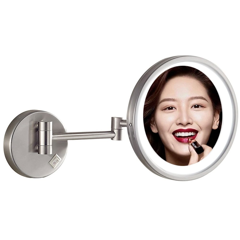 BhjKL 10 Inch Makeup Mirror Wall Mounted 7X Magnifying, 180 Swivel Cosmetic Mirror Dimmable Extend, Retractable Vanity Mirror, Shaving Bathroom Mirror (Brushed Nickel plugX7)