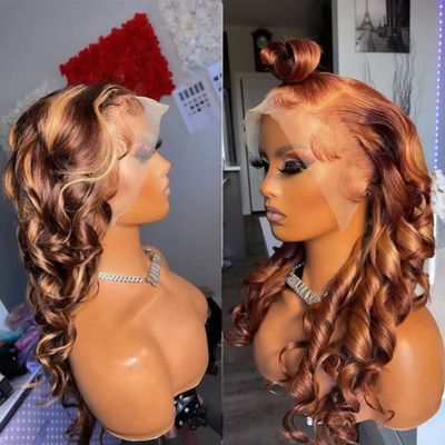 Anisah Ombre Honey Brown Highlight Loose Wave Wig for Black Women Brazilian Lace Frontal Wigs Human Hair pre plucked (16 Inch, Lace Front wig)