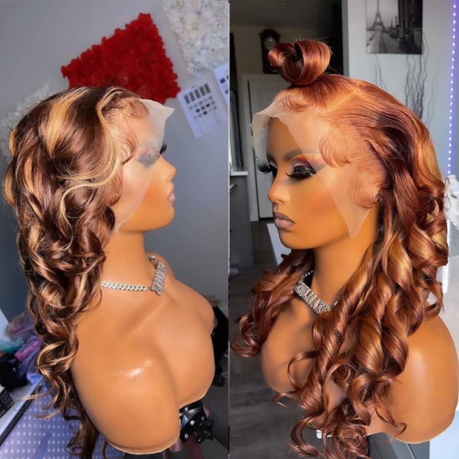 Anisah Ombre Honey Brown Highlight Loose Wave Wig for Black Women Brazilian Lace Frontal Wigs Human Hair pre plucked (16 Inch, Lace Front wig)