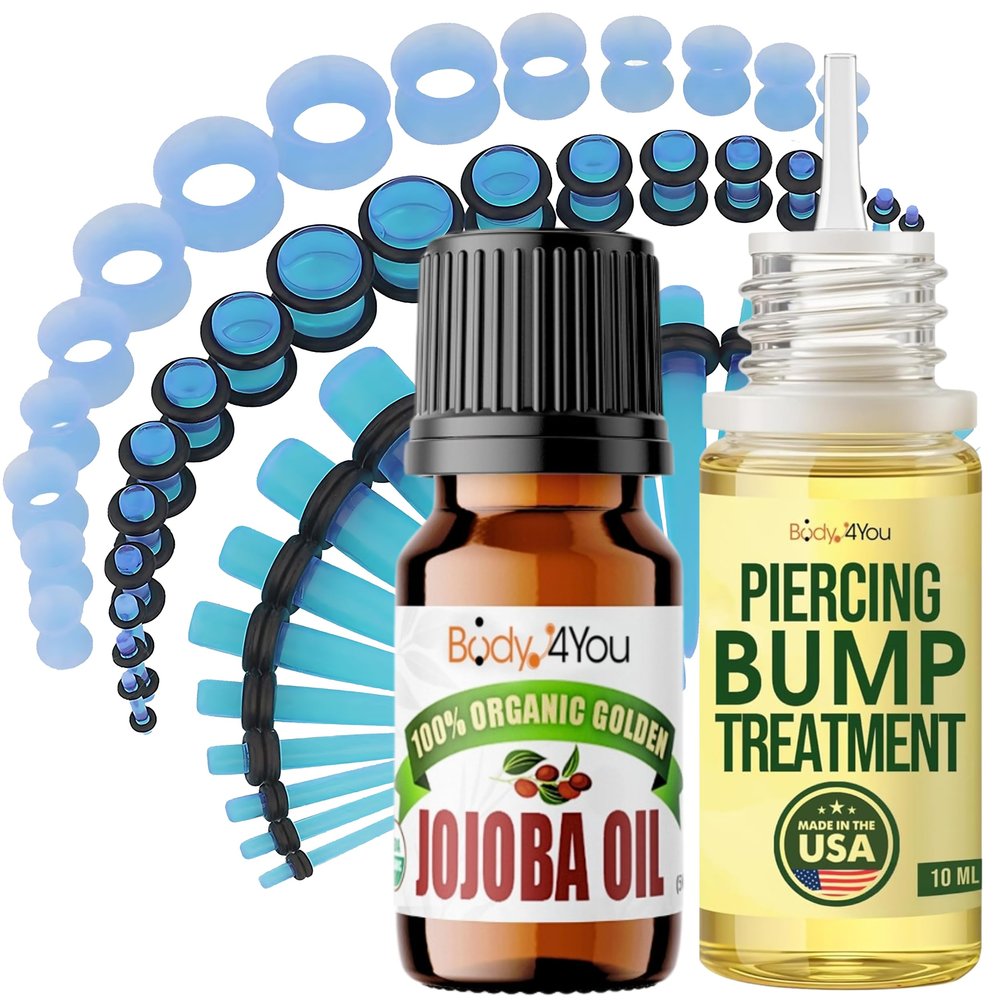 BodyJ4You 55PC Gauges Kit 14G-12mm - Aftercare Jojoba Oil, Bump Keloid Treatment Drops - Transparent Aqua
