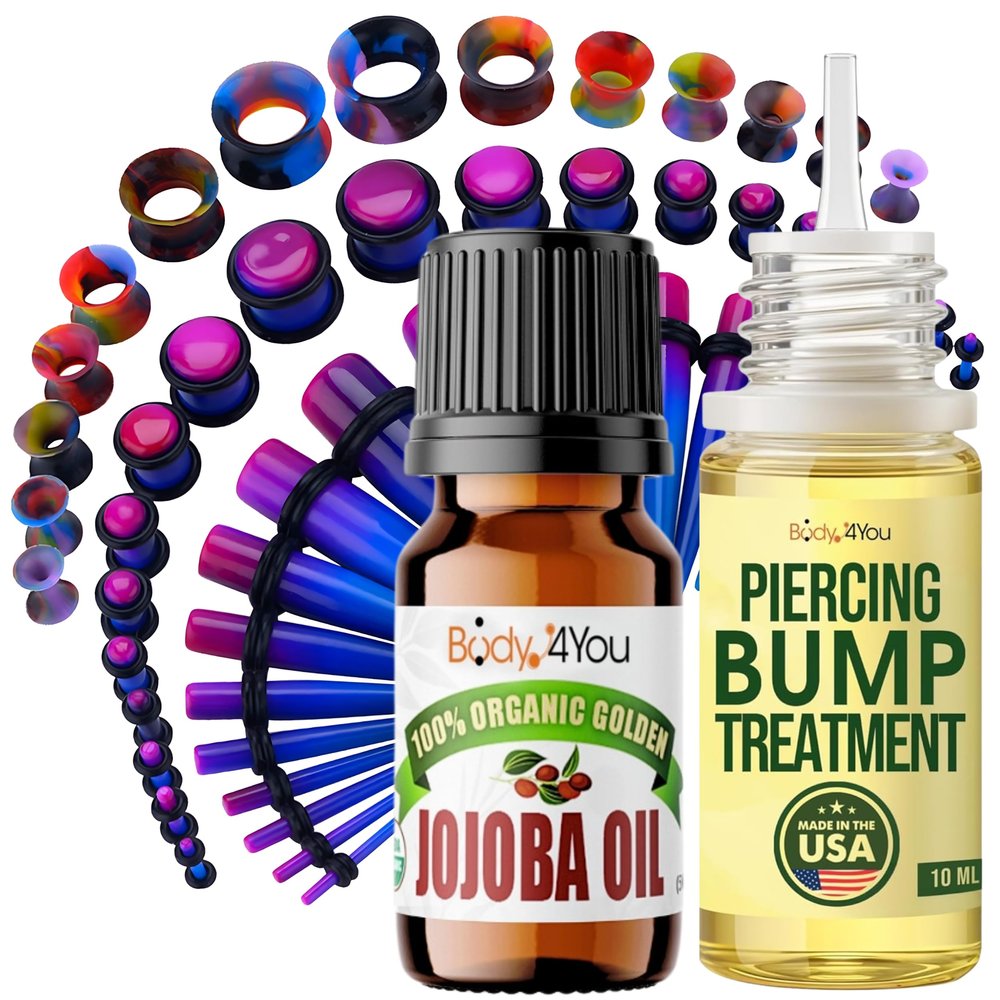 BodyJ4You 55PC Gauges Kit 14G-12mm - Aftercare Jojoba Oil, Bump Keloid Treatment Drops - Purple Blue