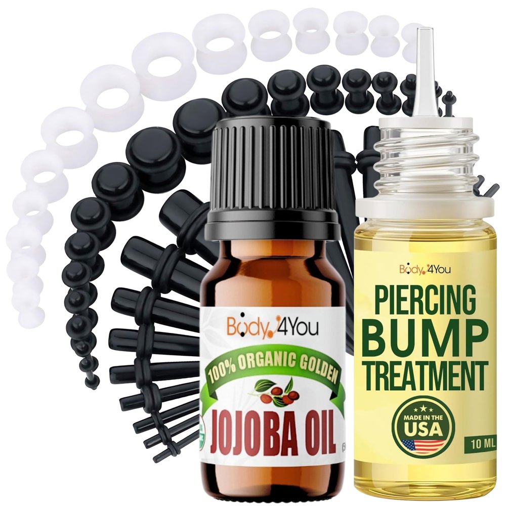 BodyJ4You 55PC Gauges Kit 14G-12mm - Aftercare Jojoba Oil, Bump Keloid Treatment Drops - Black White