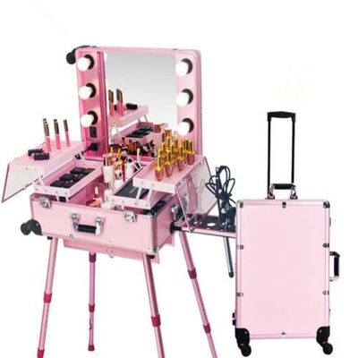 Rolling Makeup Artist Train Box with Lights Station Trolley Studio Wheeled