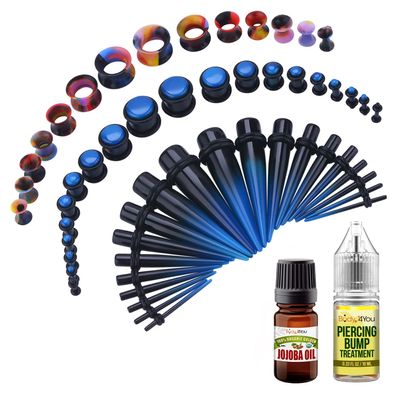 BodyJ4You 55PC Gauges Kit 14G-12mm - Aftercare Jojoba Oil, Bump Keloid Treatment Drops - Black Blue
